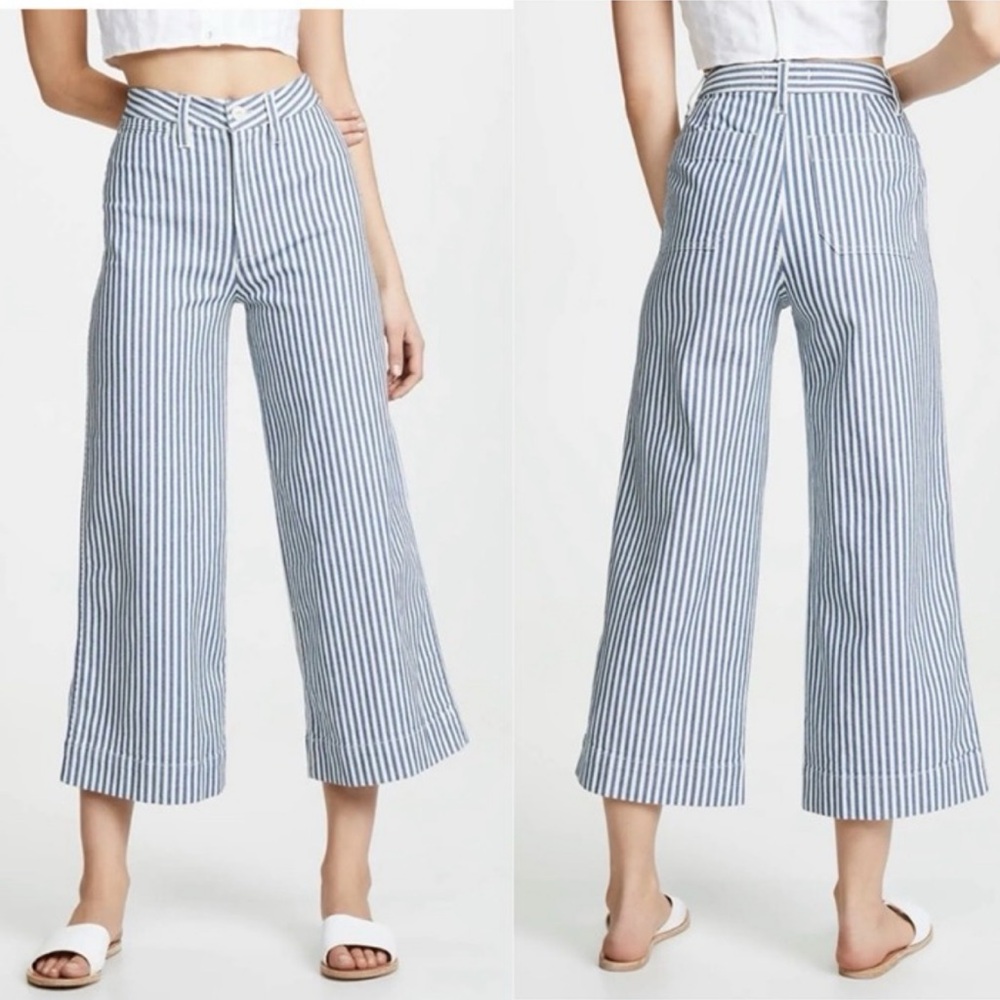 Madewell Emmet Wide Leg Crop Herringbone Railroad Stripe Blue White Size 25